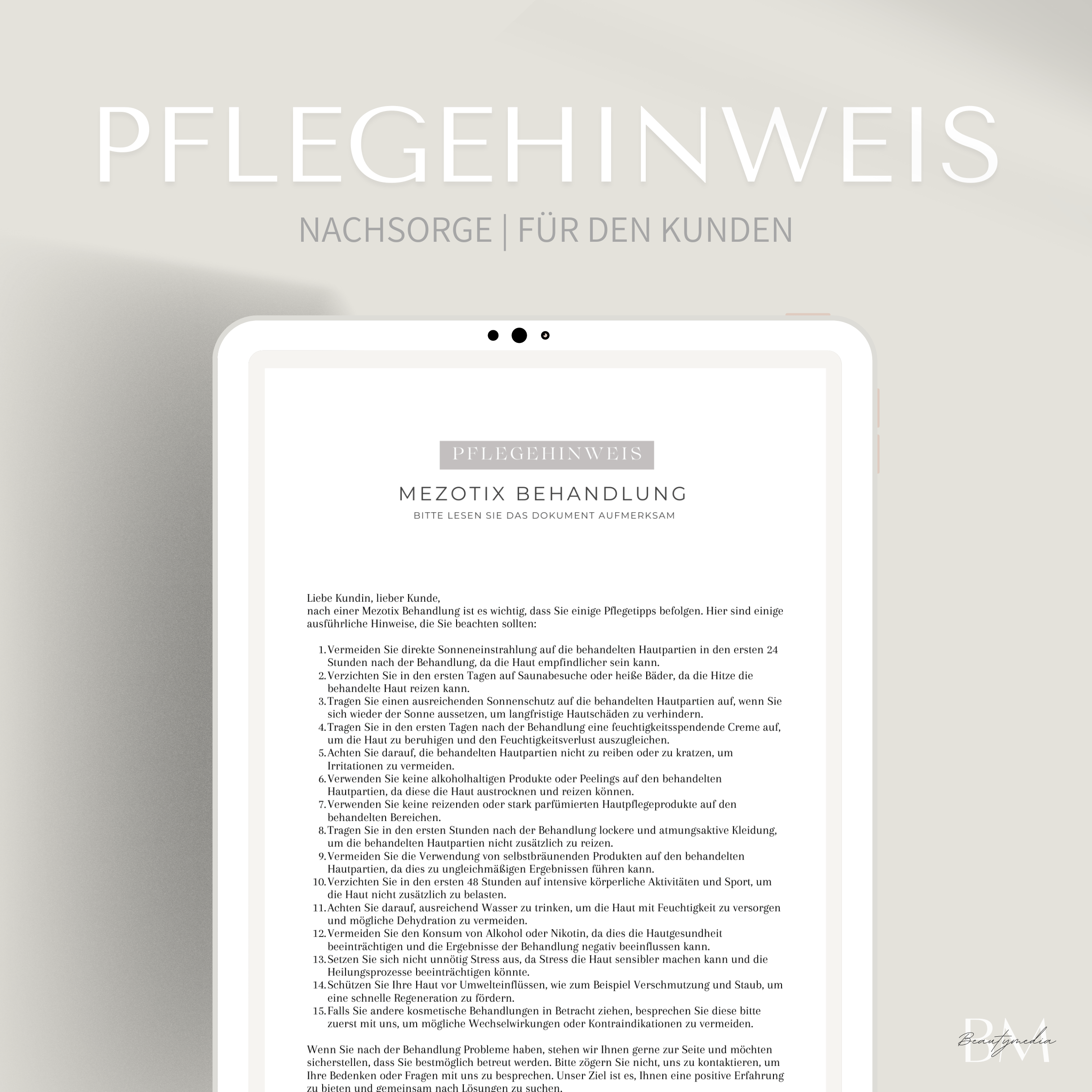 Pflegehinweis für die Mezotix Behandlung